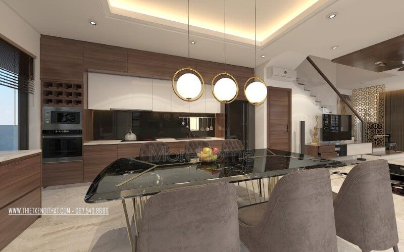 Thiết kế nội thất phòng bếp biệt thự hiện đại, không đi sâu vào chi tiết cầu kỳ mà đơn giản, nhấn mạnh tính công năng và mang đến một không gian gọn gàng và sang trọng hơn cho gia chủ.