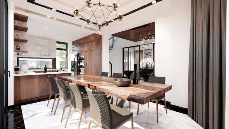 Sẽ là một gợi ý tuyệt vời với sự có mặt tủ bếp gỗ óc chó veneer trầm ấm kết hợp tone màu trắng sáng, long lanh từ tủ bếp trên gỗ công nghiệp acrylic và mặt bàn bếp đá nhân tạo. Sự tương phản giữa 2 sắc màu sẽ là ý tưởng tuyệt vời cho bố trí nội thất phòng bếp hiện đại cho không gian nhà phố, biệt thự.