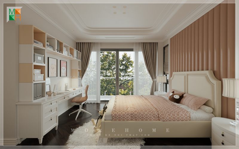 Nệm ốp tường đầu giường bọc da màu hồng nhạt tạo điểm nhấn riêng cho không gian