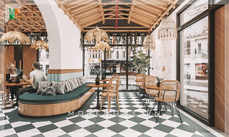 Với những quán cafe được phối màu ấn tượng, để không gian quán không bị quá bức bối, có thể thay thế tường xung quanh bằng cửa kính, vừa đảm bảo không khí thoải mái mà khách hàng cũng có thể vừa nhâm nhi tách cafe vừa ngắm nhìn sự nhộn nhịp của cuộc sống