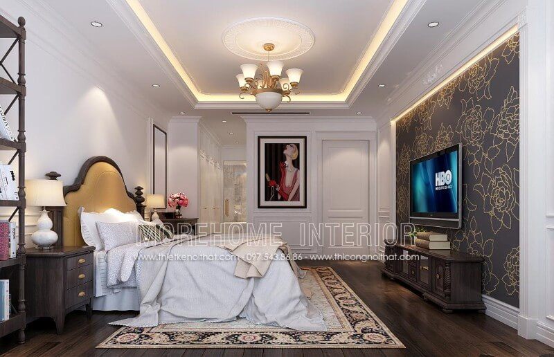Giường ngủ biệt thự cao cấp được thiết kế theo phong cách tân cổ điển.